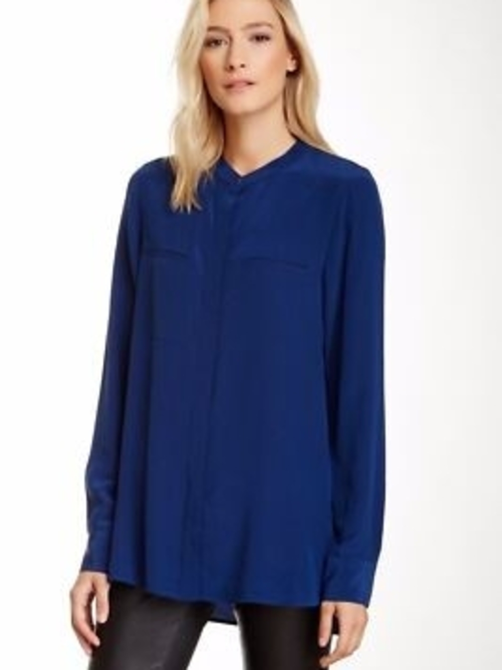VINCE Silk Crew Neck Long Sleeves Oversized Pocket Top in ROYAL SIZE 8.